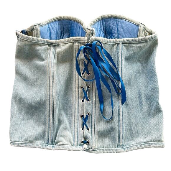 Y2k Western Rhinestone Lace Up Denim Corset Rock Womens M/L Rodeo Cowgirl Party - Picture 3 of 9